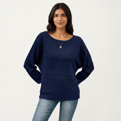 Anna-Kaci Women's Long Sleeve Striped Knit Sweater with Boat Neckline and Relaxed Fit