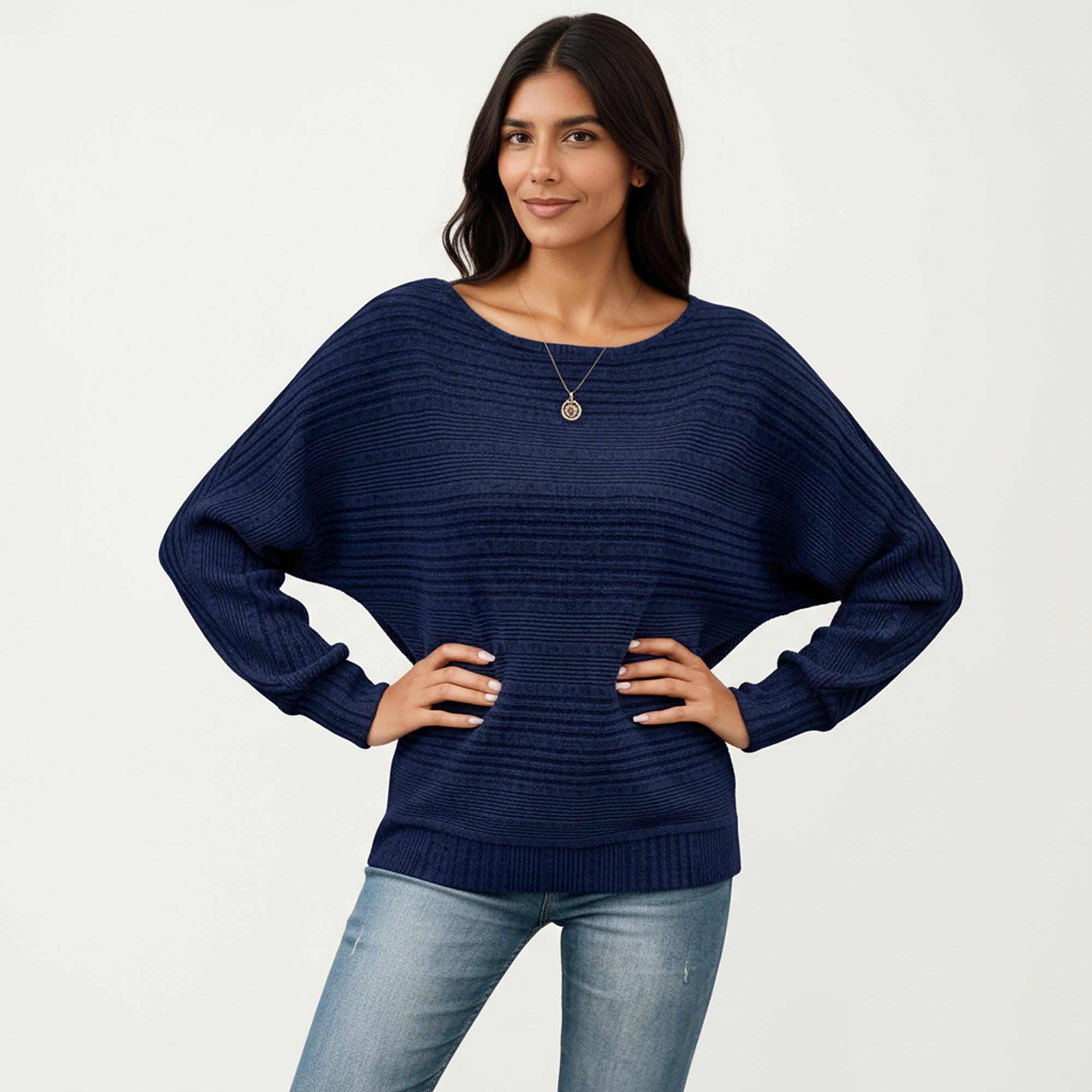 Anna-Kaci Women's Long Sleeve Striped Knit Sweater with Boat Neckline and Relaxed Fit