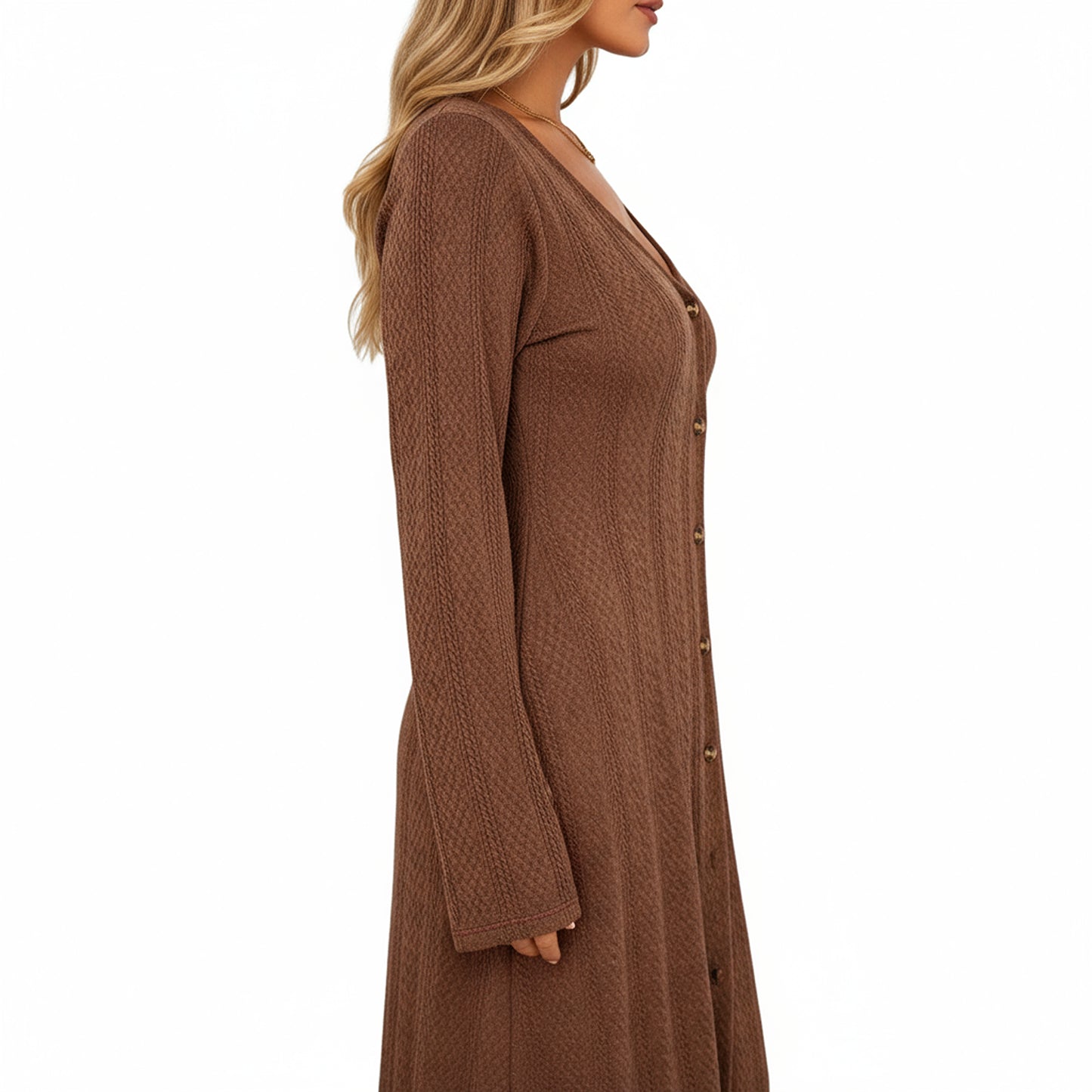 Anna-Kaci Women's Long Sleeve Button Front Maxi Dress with Deep V-Neck and Side Slit
