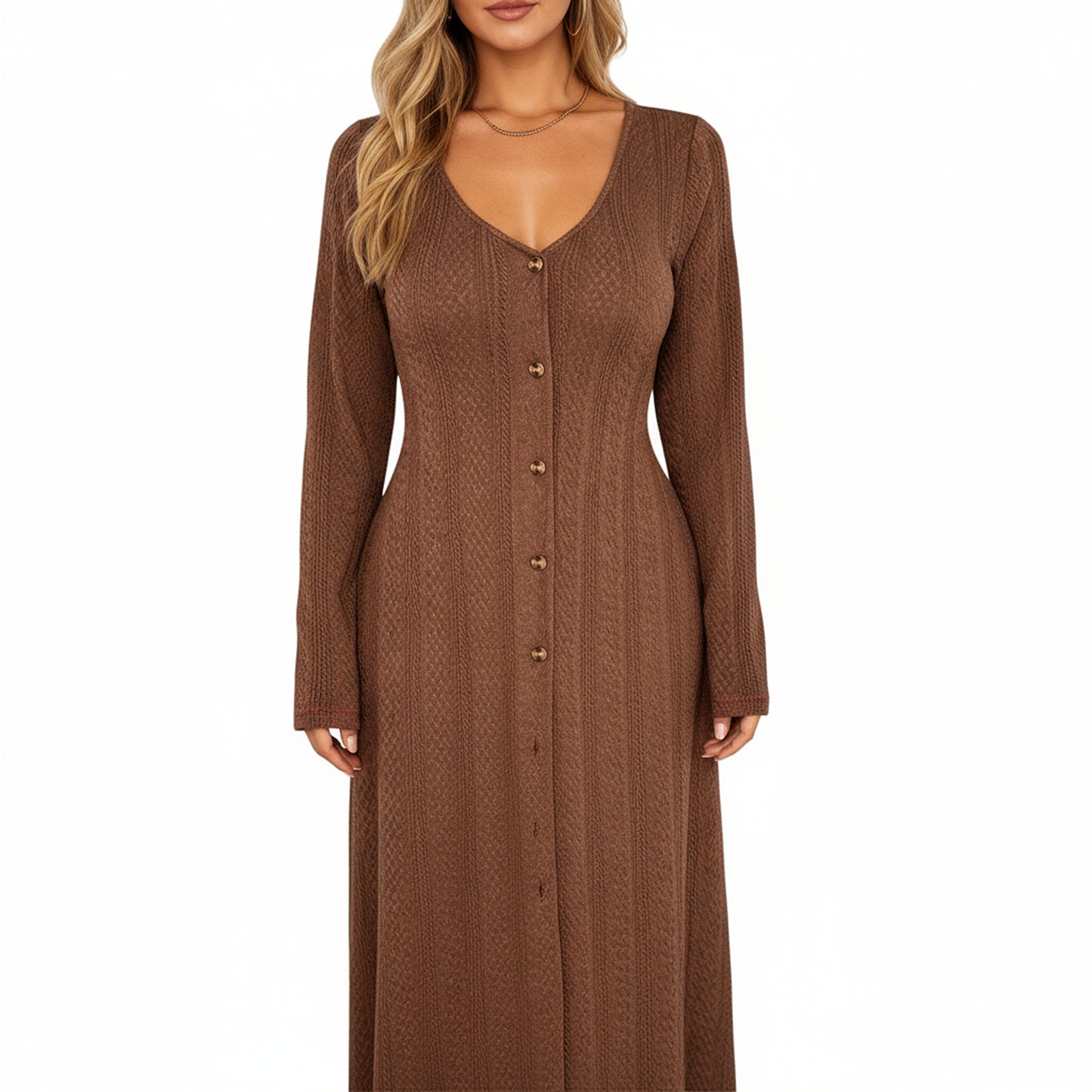 Anna-Kaci Women's Long Sleeve Button Front Maxi Dress with Deep V-Neck and Side Slit
