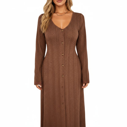 Anna-Kaci Women's Long Sleeve Button Front Maxi Dress with Deep V-Neck and Side Slit