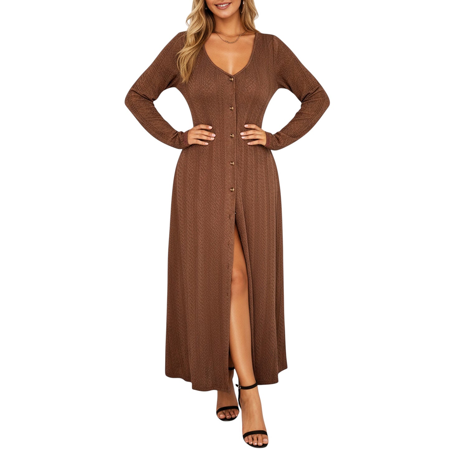 Anna-Kaci Women's Long Sleeve Button Front Maxi Dress with Deep V-Neck and Side Slit