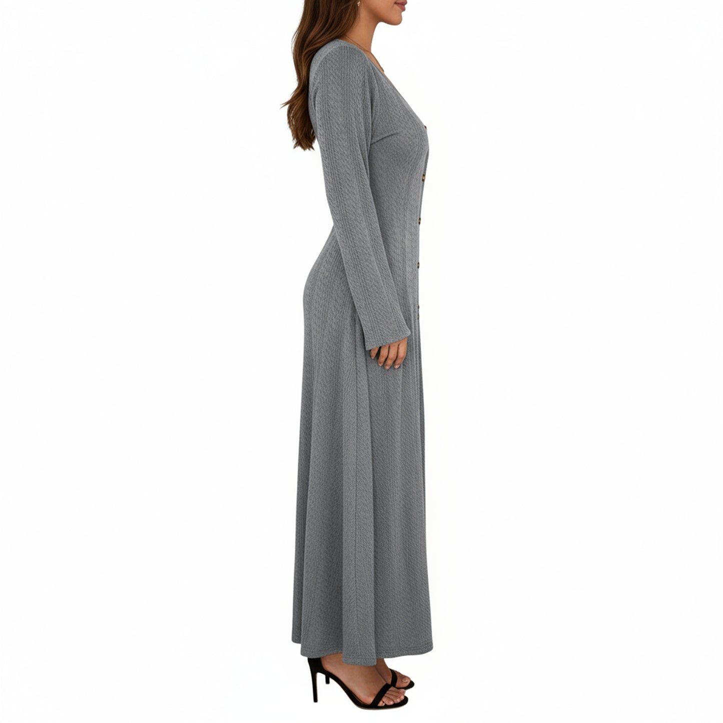 Anna-Kaci Women's Long Sleeve Button Front Maxi Dress with Deep V-Neck and Side Slit