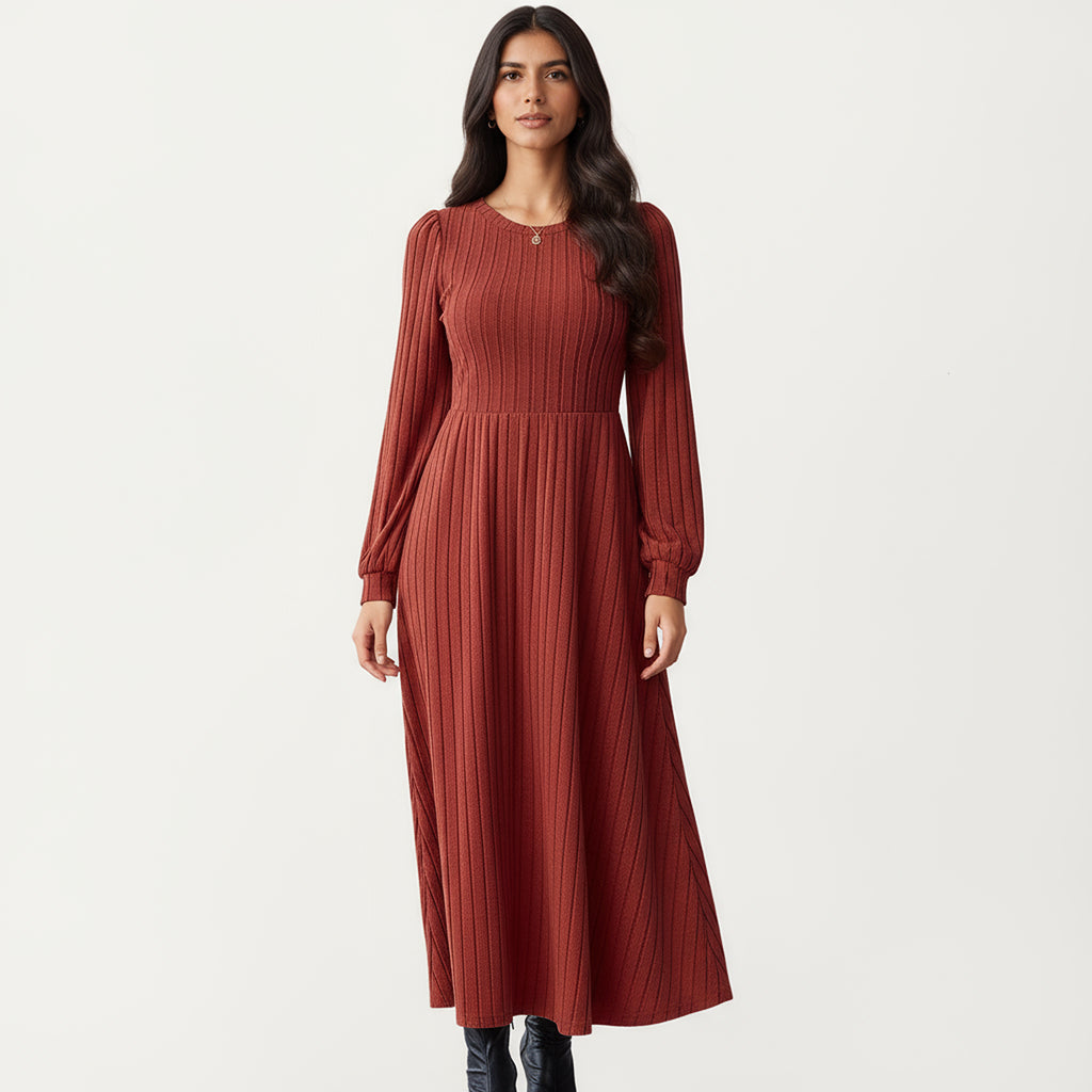 Anna-Kaci Women's Long Sleeve Pleated Maxi Dress with Fitted Bodice and Flowing Skirt