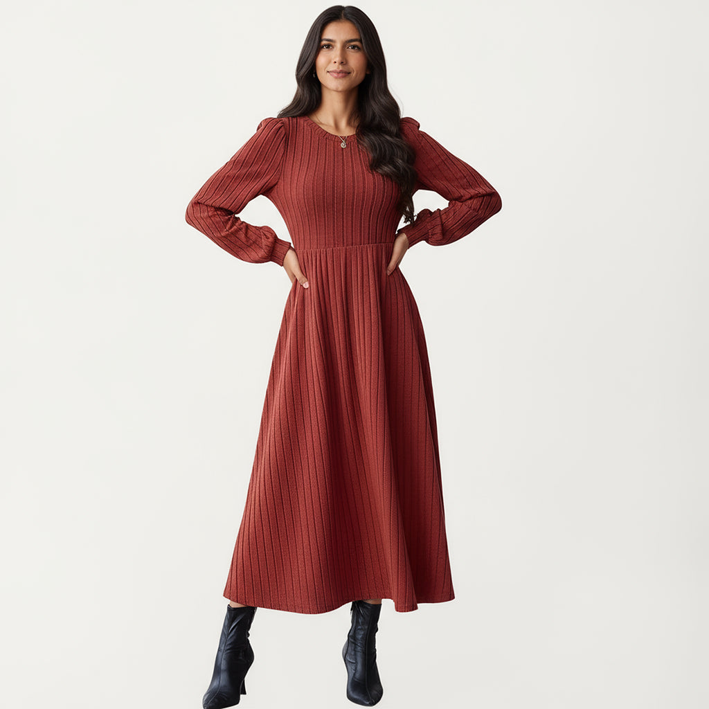 Anna-Kaci Women's Long Sleeve Pleated Maxi Dress with Fitted Bodice and Flowing Skirt