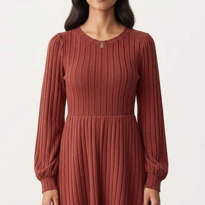 Anna-Kaci Women's Long Sleeve Pleated Maxi Dress with Fitted Bodice and Flowing Skirt