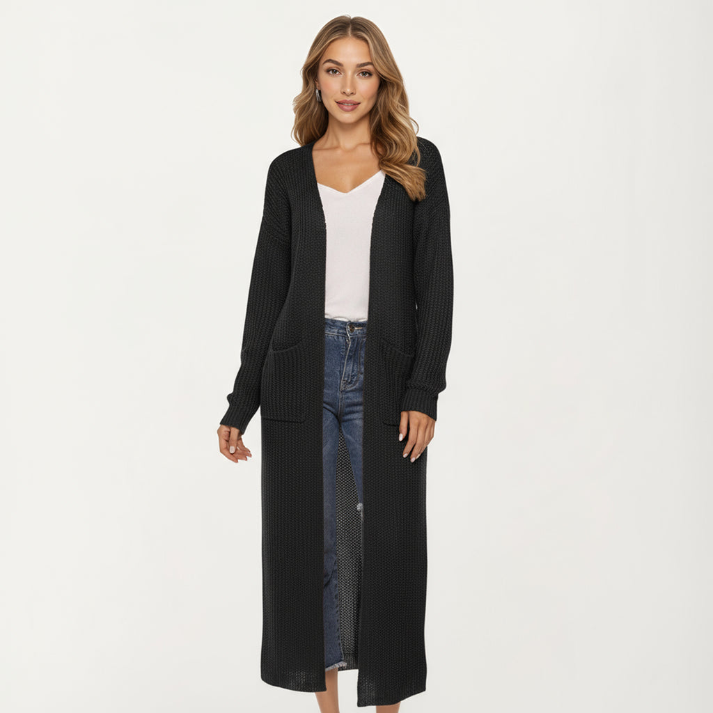Anna-Kaci Women's Open Front Long Knit Cardigan with Pockets and Ribbed Trim