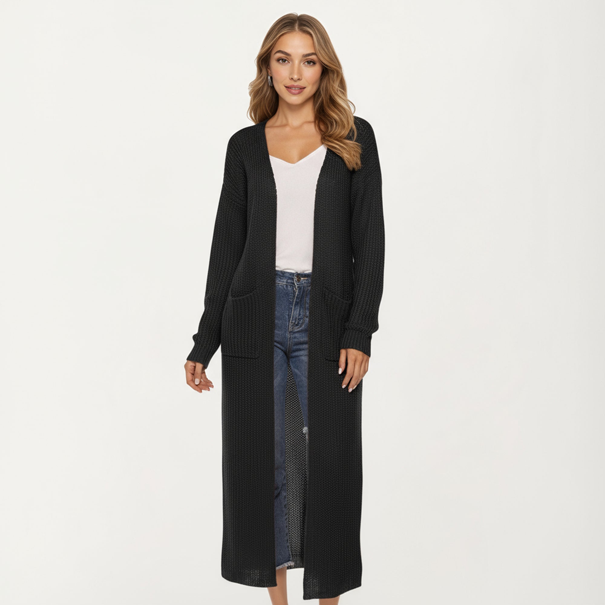 Anna-Kaci Women's Open Front Long Knit Cardigan with Pockets and Ribbed Trim