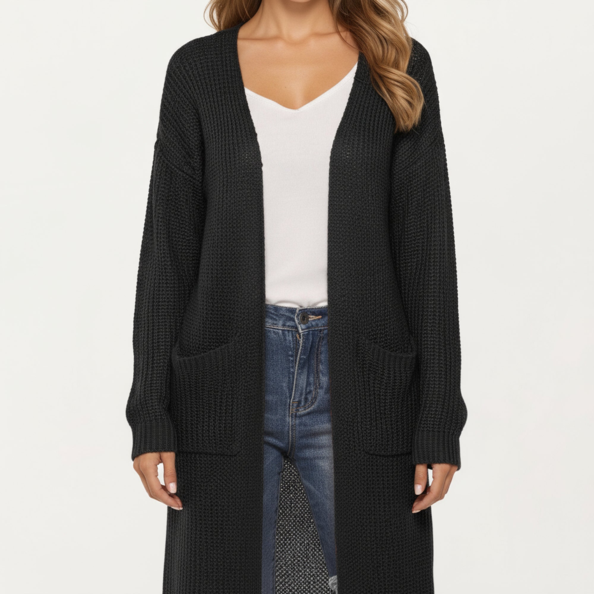 Anna-Kaci Women's Open Front Long Knit Cardigan with Pockets and Ribbed Trim