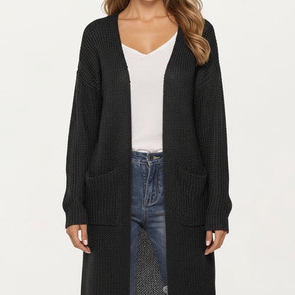 Anna-Kaci Women's Open Front Long Knit Cardigan with Pockets and Ribbed Trim