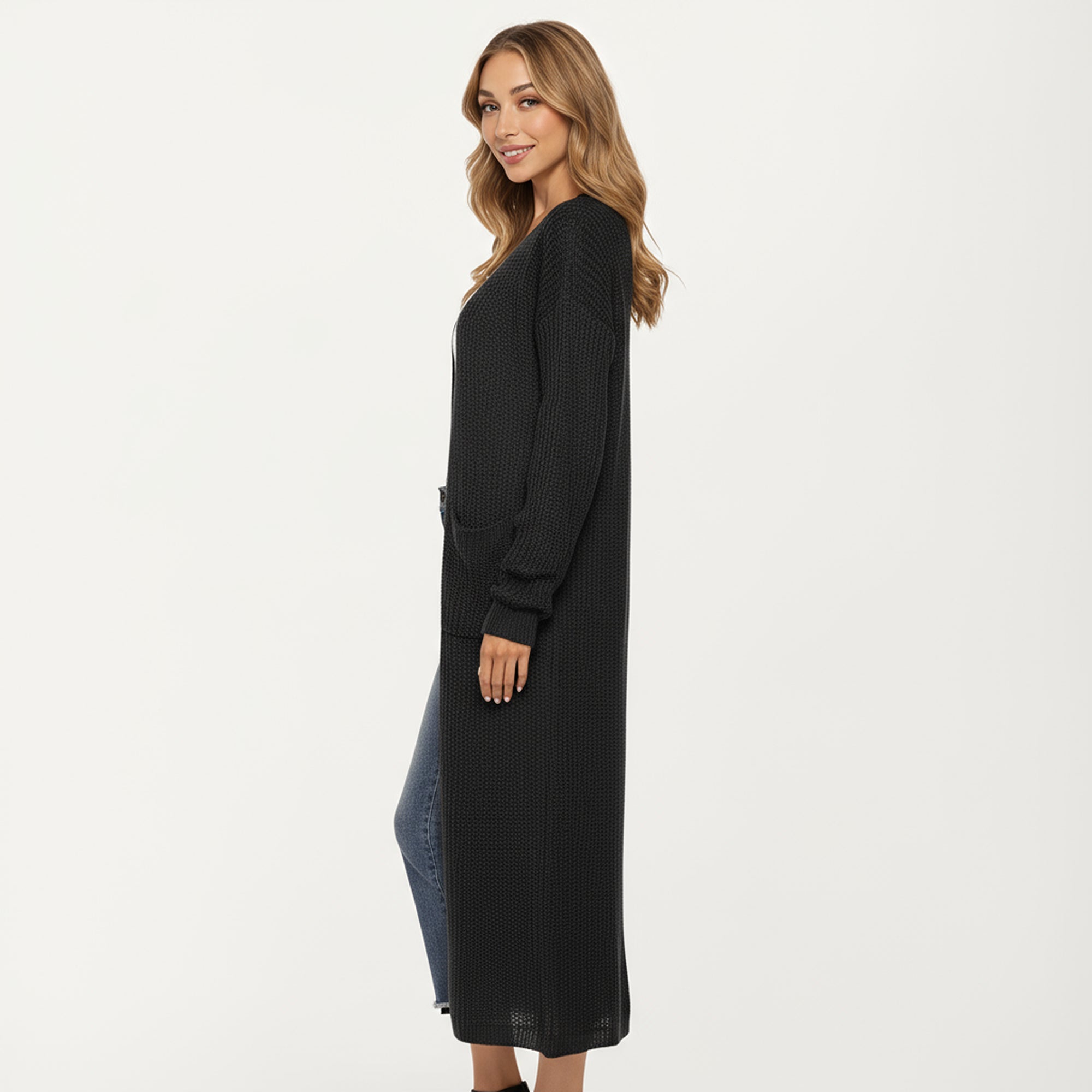 Anna-Kaci Women's Open Front Long Knit Cardigan with Pockets and Ribbed Trim