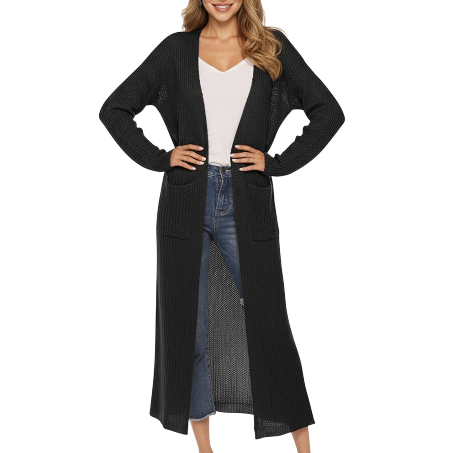 Anna-Kaci Women's Open Front Long Knit Cardigan with Pockets and Ribbed Trim