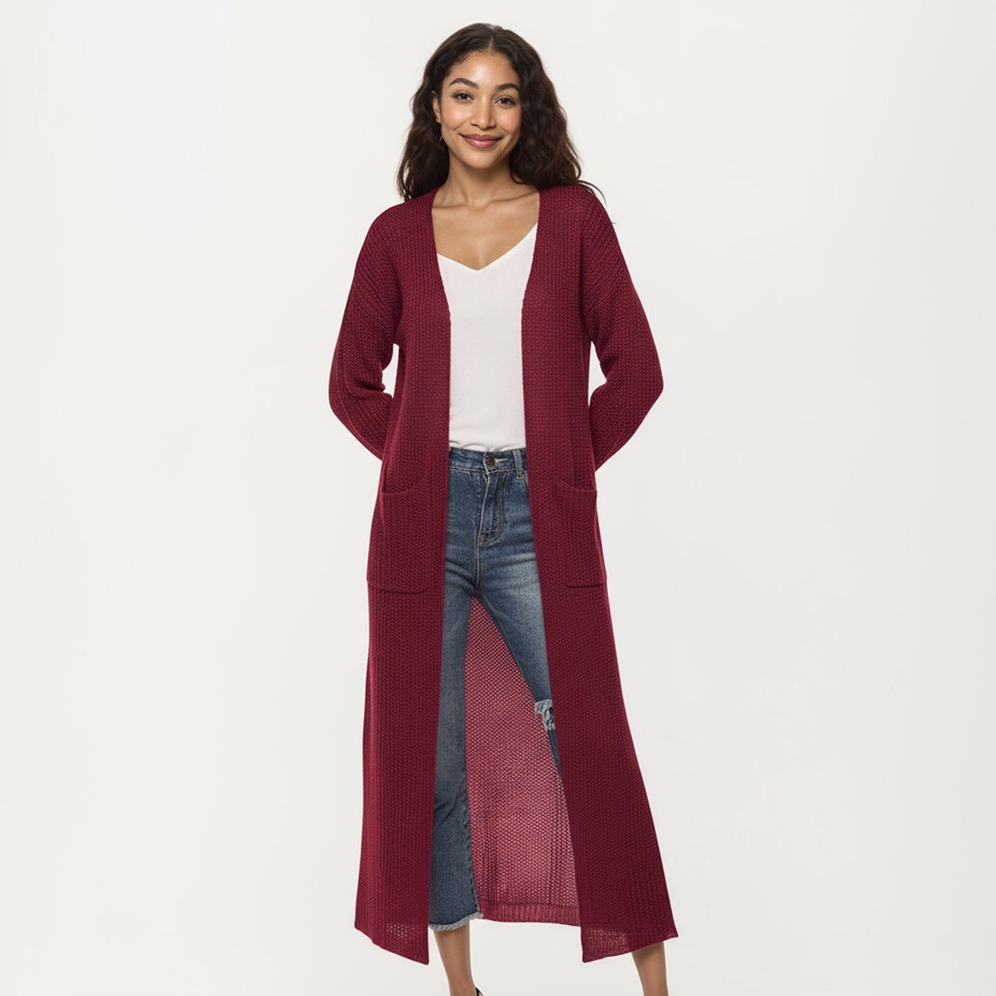 Anna-Kaci Women's Open Front Long Knit Cardigan with Pockets and Ribbed Trim