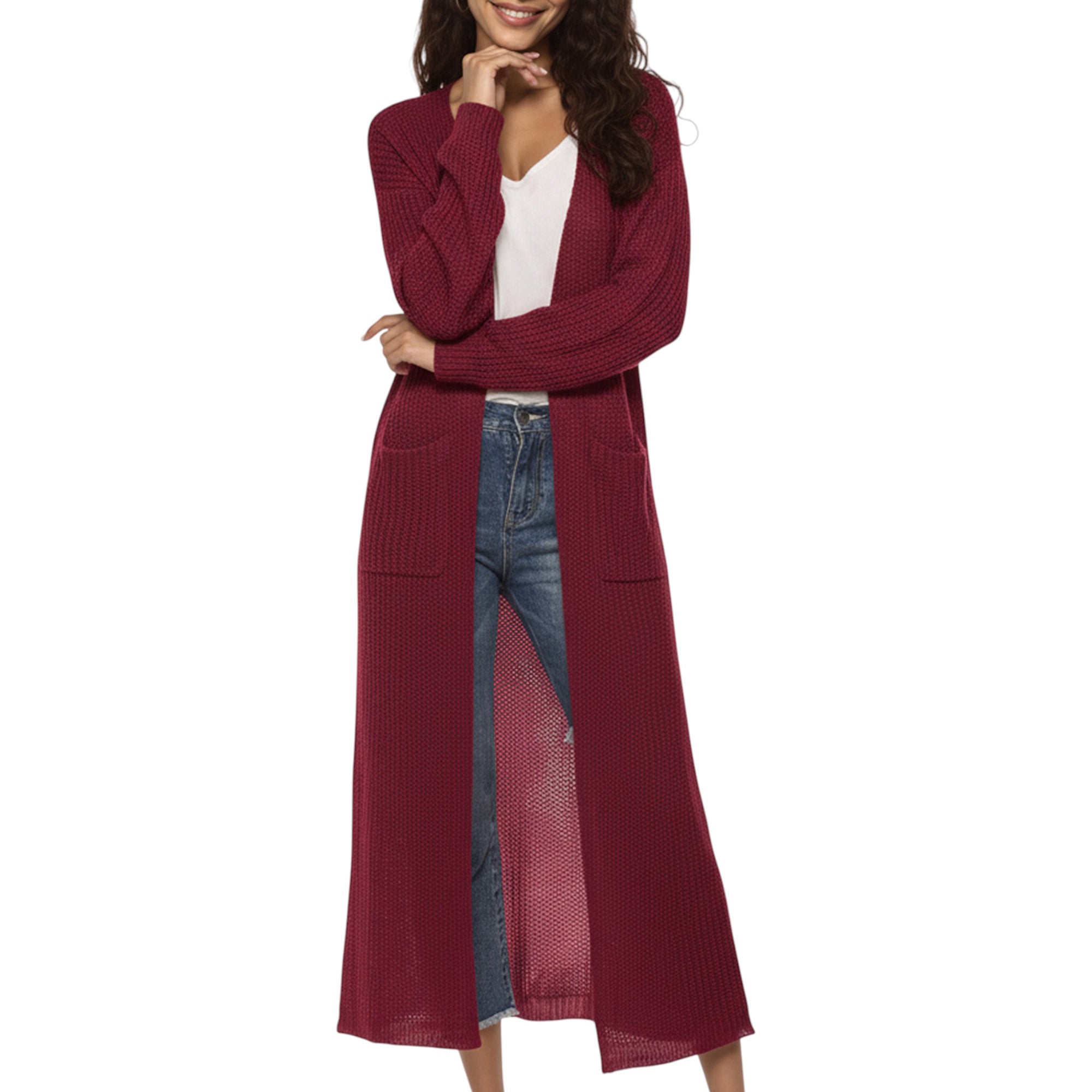 Anna-Kaci Women's Open Front Long Knit Cardigan with Pockets and Ribbed Trim