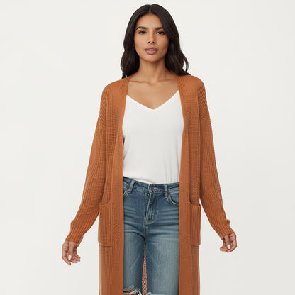 Anna-Kaci Women's Open Front Long Knit Cardigan with Pockets and Ribbed Trim