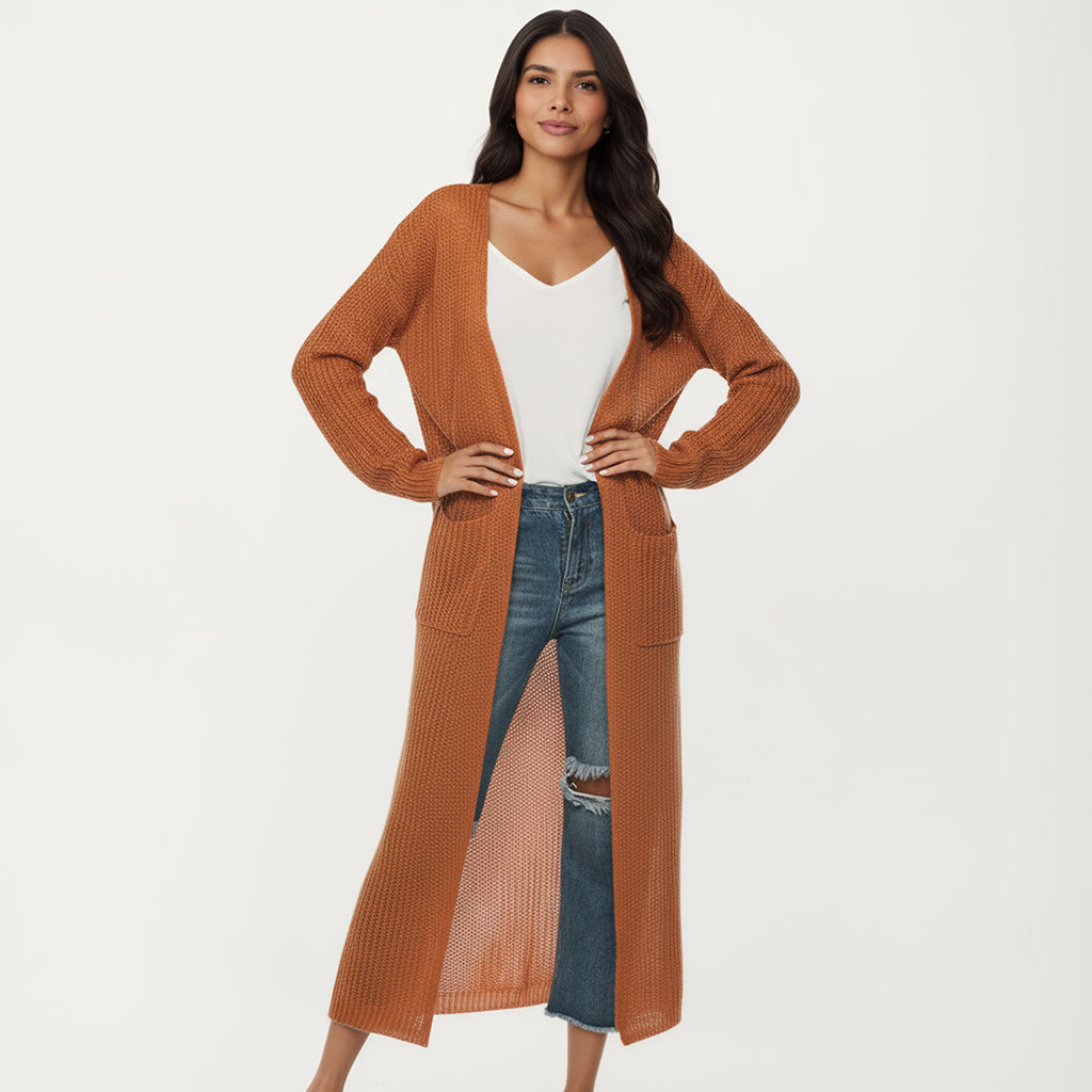 Anna-Kaci Women's Open Front Long Knit Cardigan with Pockets and Ribbed Trim