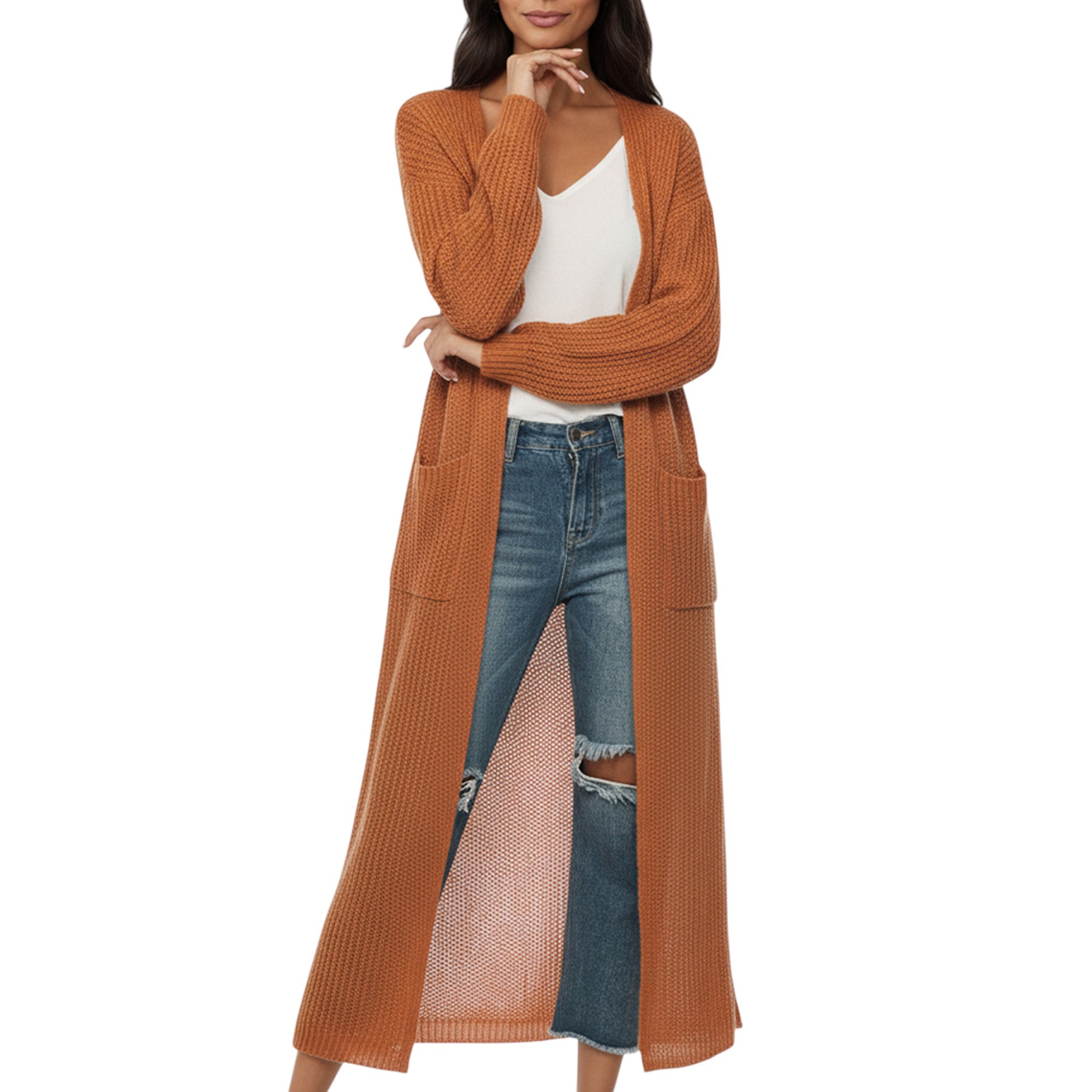 Anna-Kaci Women's Open Front Long Knit Cardigan with Pockets and Ribbed Trim