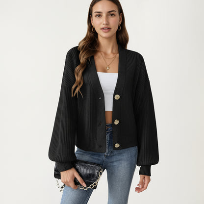 Anna-Kaci Women's Button Front Knit Cardigan with Long Lantern Sleeves and Relaxed Fit