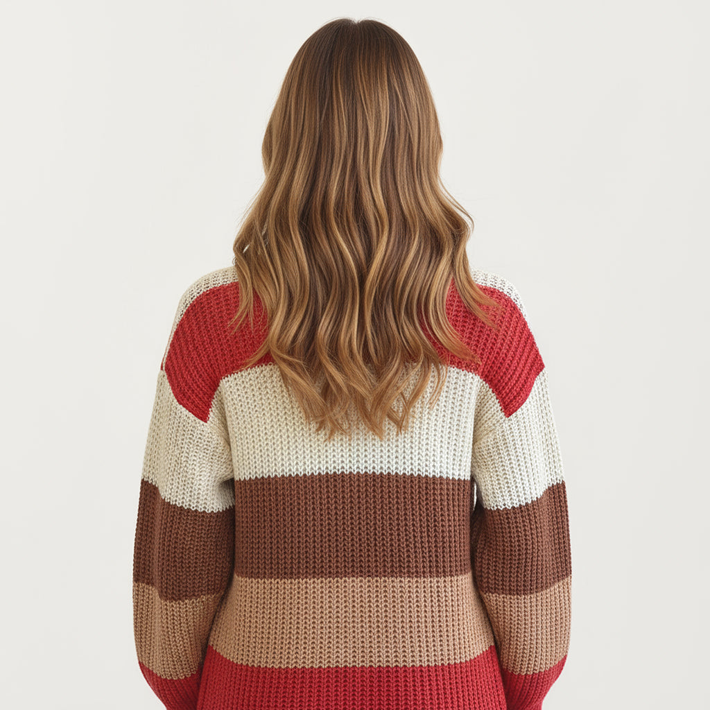 Anna-Kaci Women's Long Sleeve Open Front Knit Cardigan with Bold Color Block Stripes