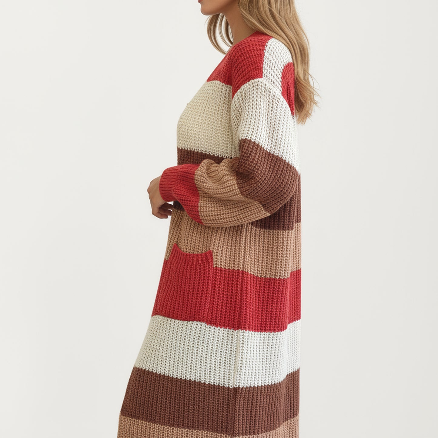 Anna-Kaci Women's Long Sleeve Open Front Knit Cardigan with Bold Color Block Stripes