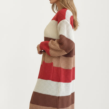 Anna-Kaci Women's Long Sleeve Open Front Knit Cardigan with Bold Color Block Stripes
