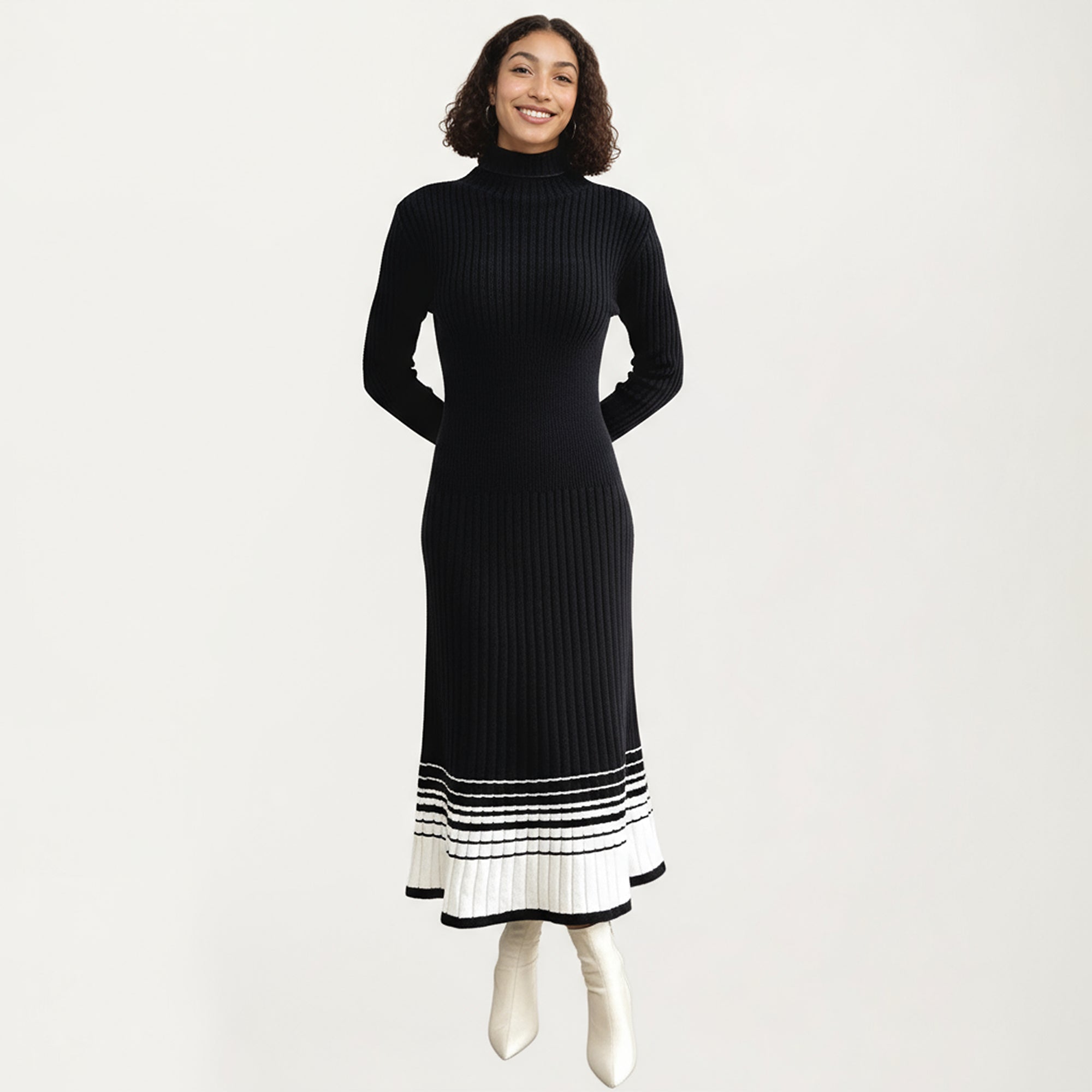 Anna-Kaci Women's Long Sleeve Ribbed Knit Midi Dress with Contrast Hem Stripe Design