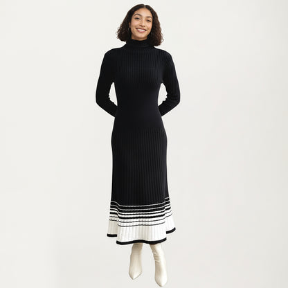 Anna-Kaci Women's Long Sleeve Ribbed Knit Midi Dress with Contrast Hem Stripe Design