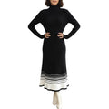 Anna-Kaci Women's Long Sleeve Ribbed Knit Midi Dress with Contrast Hem Stripe Design