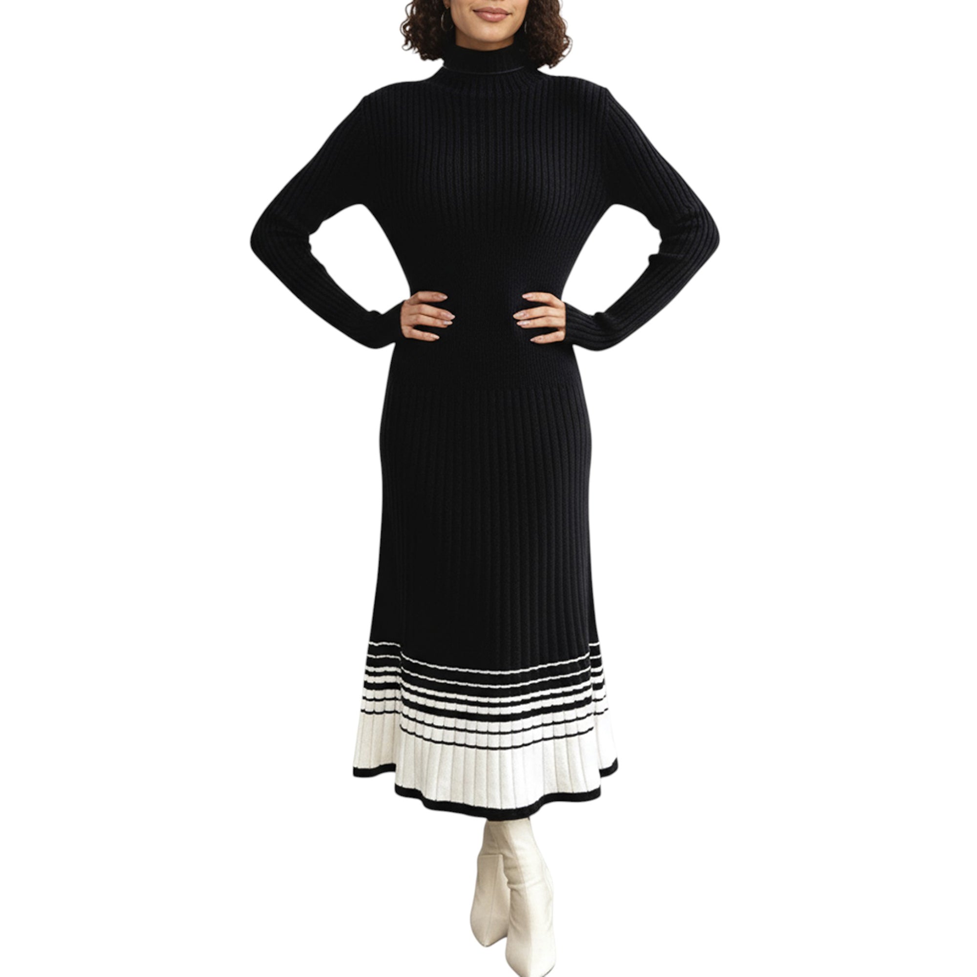 Anna-Kaci Women's Long Sleeve Ribbed Knit Midi Dress with Contrast Hem Stripe Design
