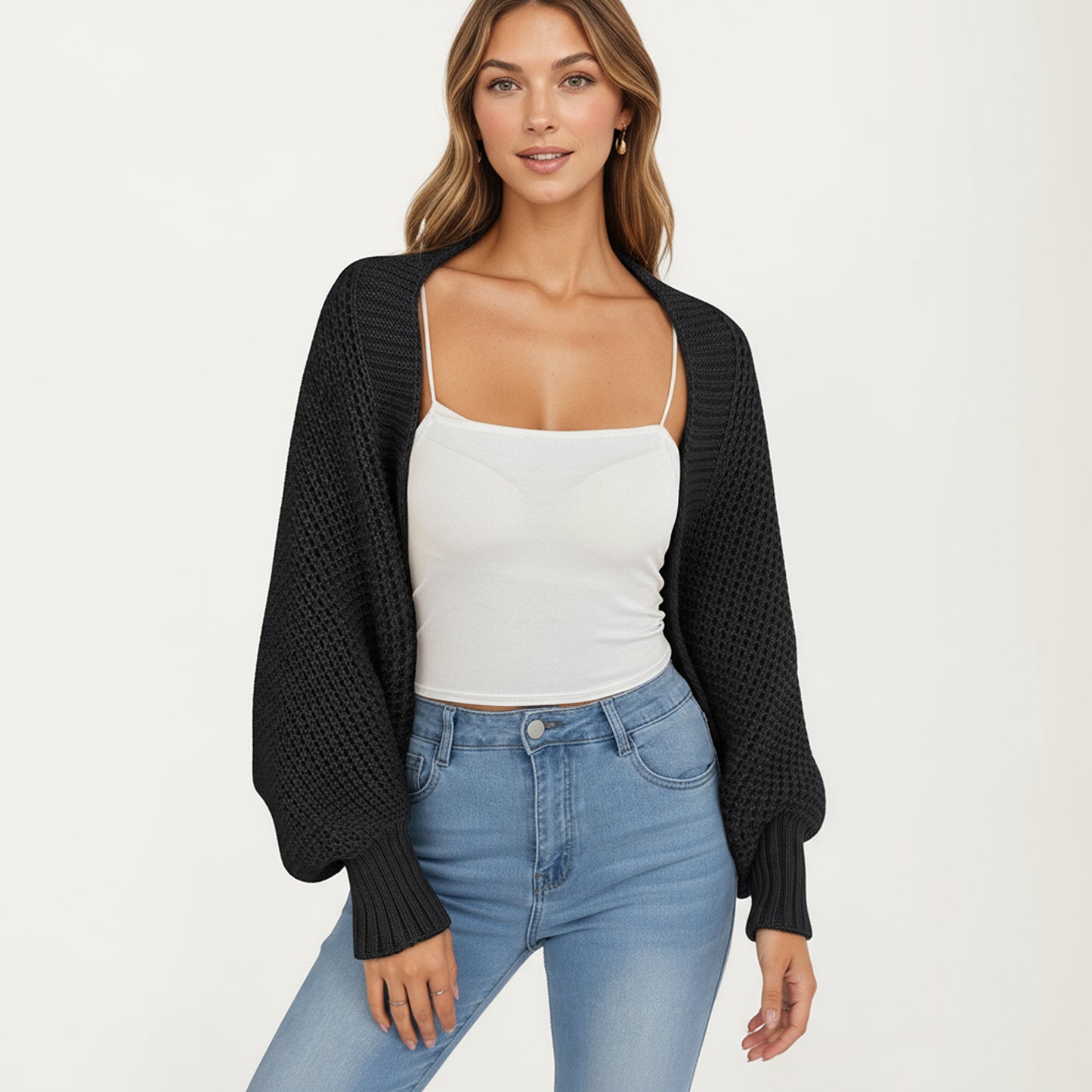 Anna-Kaci Women's Open Front Long Sleeve Knit Shrug Cardigan with Cropped Fit