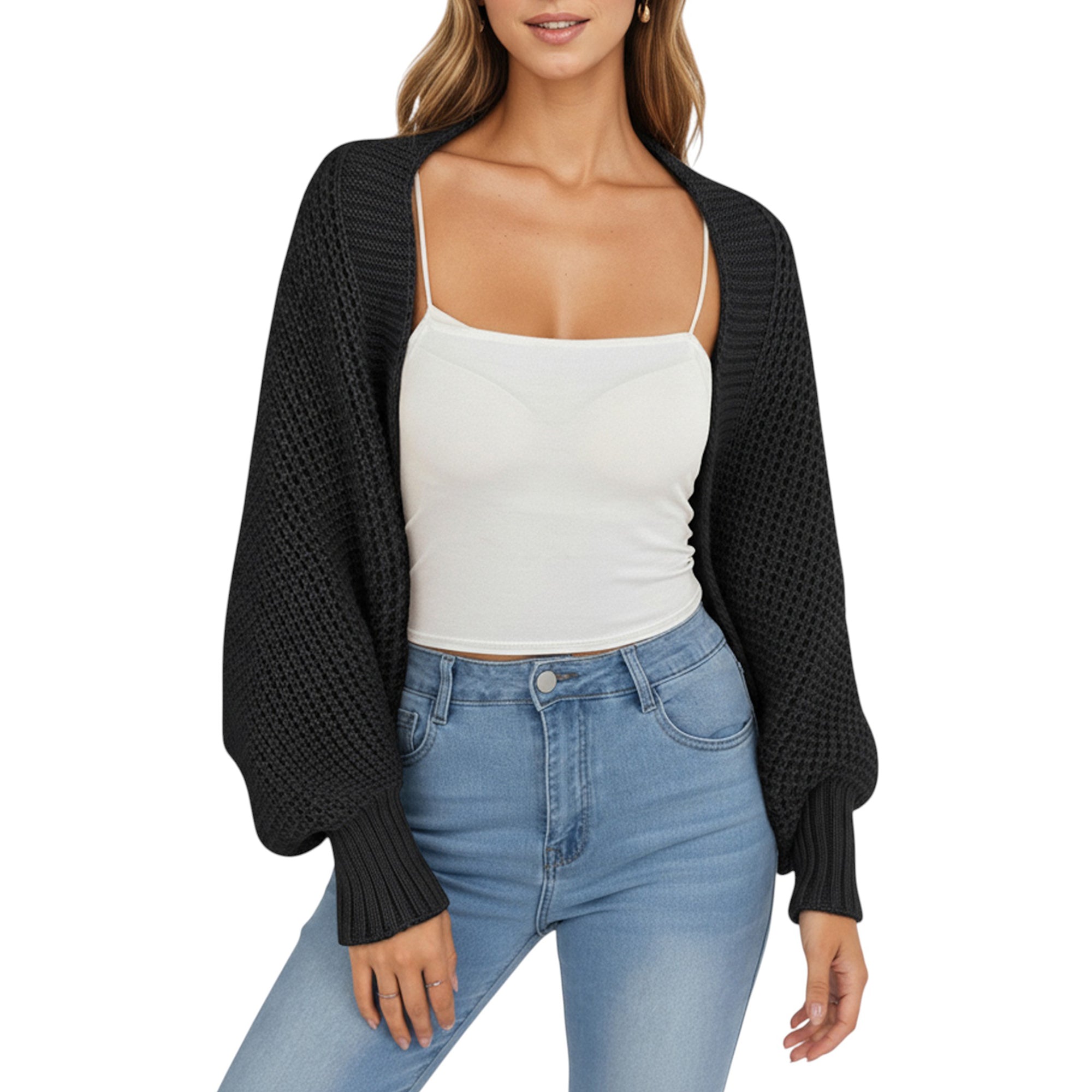 Anna-Kaci Women's Open Front Long Sleeve Knit Shrug Cardigan with Cropped Fit