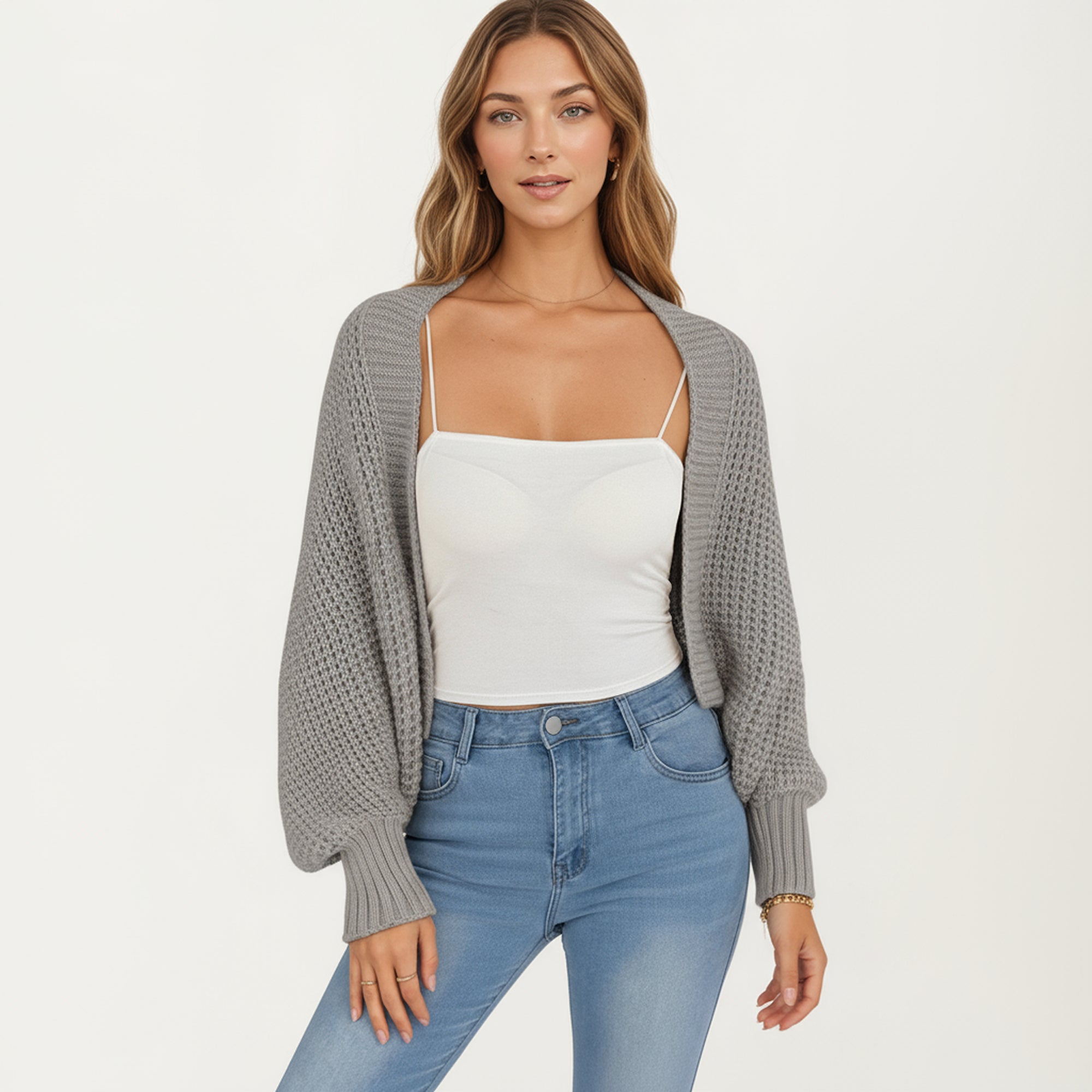 Anna-Kaci Women's Open Front Long Sleeve Knit Shrug Cardigan with Cropped Fit