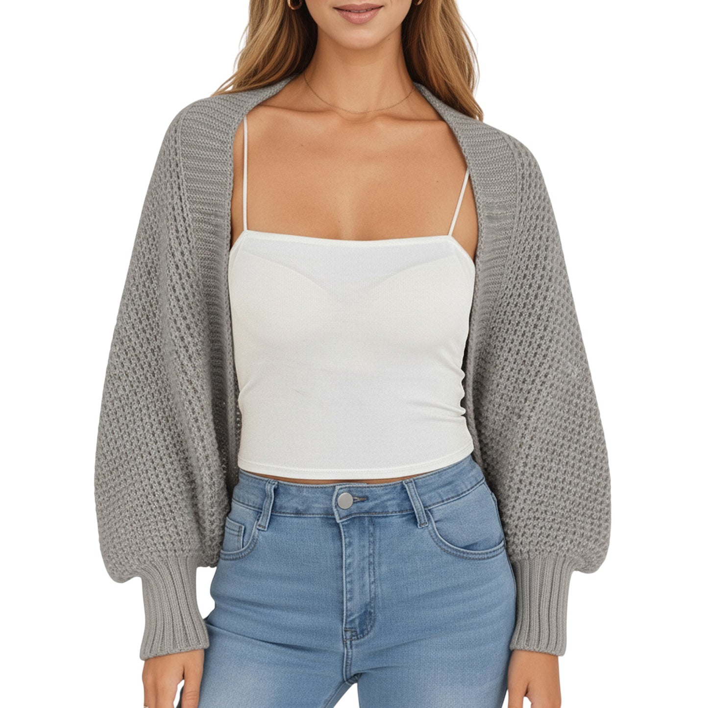 Anna-Kaci Women's Open Front Long Sleeve Knit Shrug Cardigan with Cropped Fit