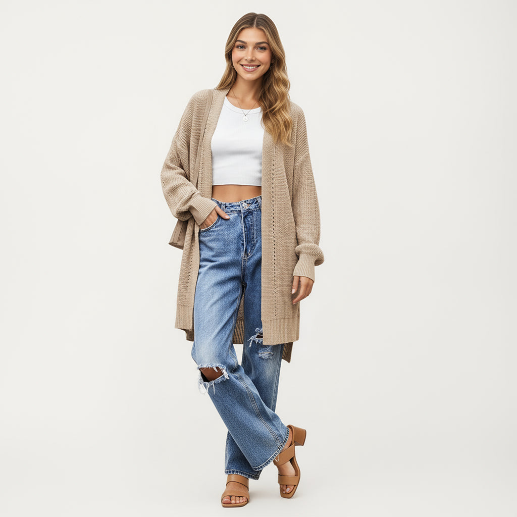 Anna-Kaci Women's Long Sleeve Open Front Knit Cardigan with Relaxed Fit and Textured Detailing
