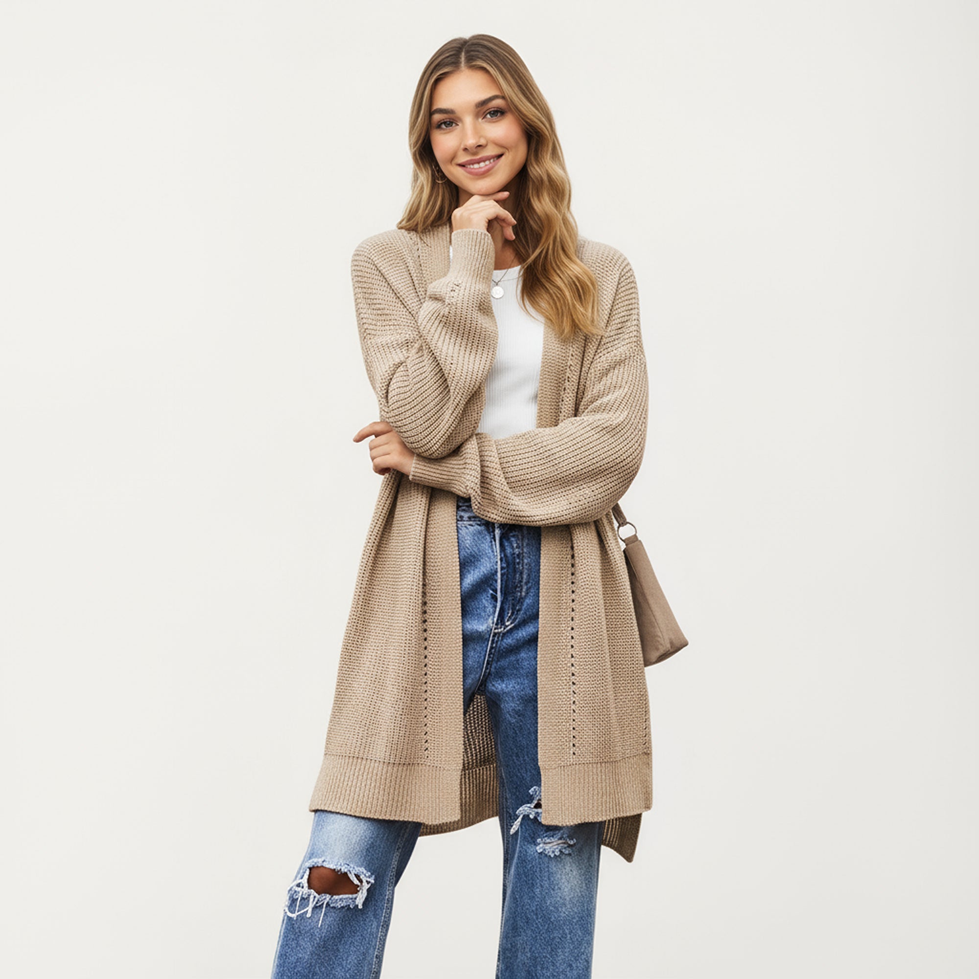 Anna-Kaci Women's Long Sleeve Open Front Knit Cardigan with Relaxed Fit and Textured Detailing
