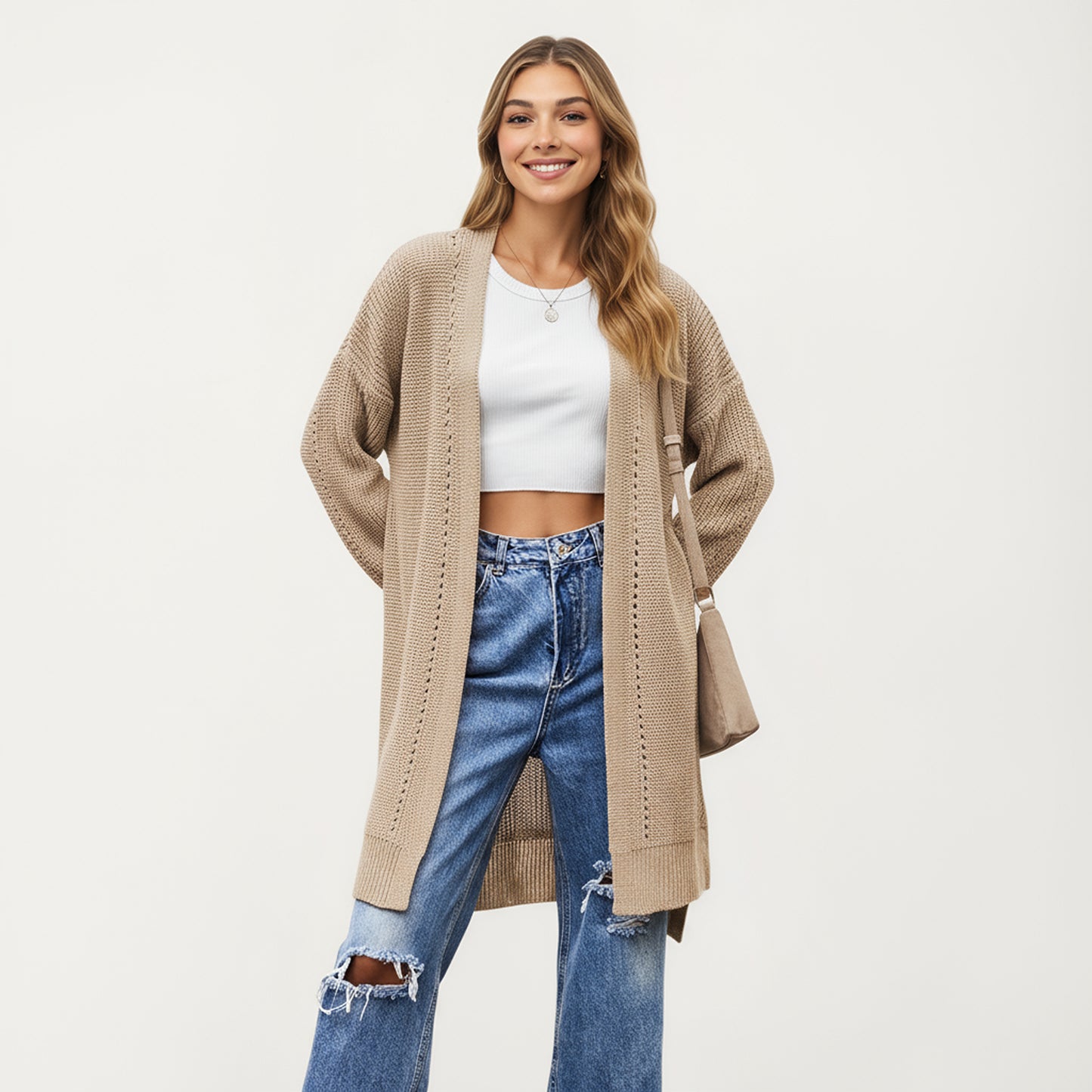 Anna-Kaci Women's Long Sleeve Open Front Knit Cardigan with Relaxed Fit and Textured Detailing