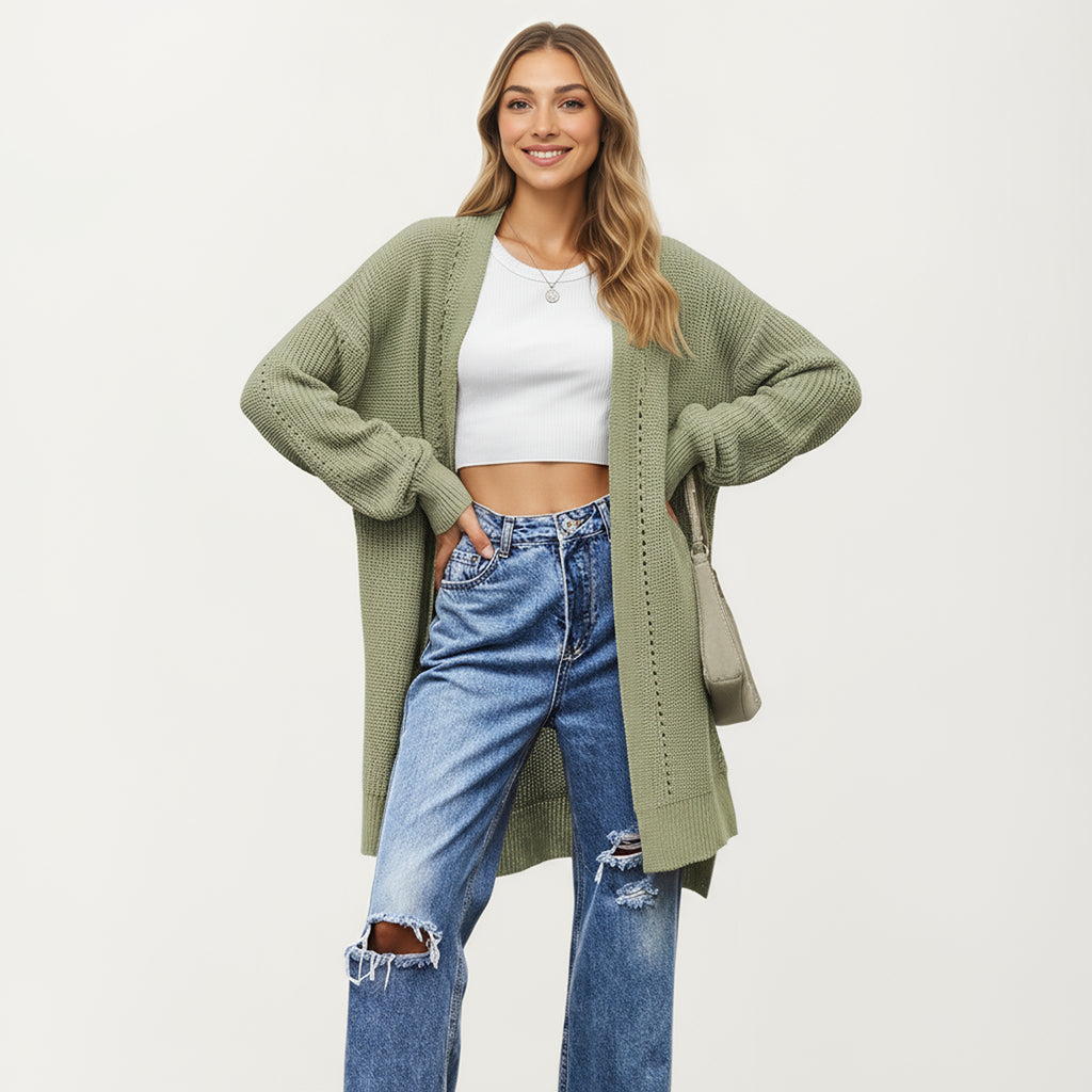 Anna-Kaci Women's Long Sleeve Open Front Knit Cardigan with Relaxed Fit and Textured Detailing