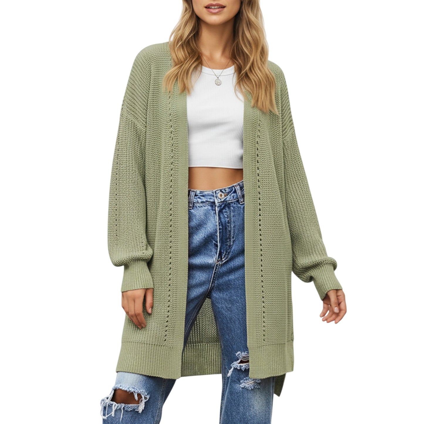 Anna-Kaci Women's Long Sleeve Open Front Knit Cardigan with Relaxed Fit and Textured Detailing