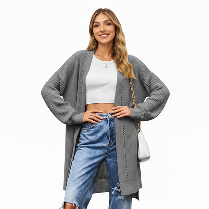 Anna-Kaci Women's Long Sleeve Open Front Knit Cardigan with Relaxed Fit and Textured Detailing
