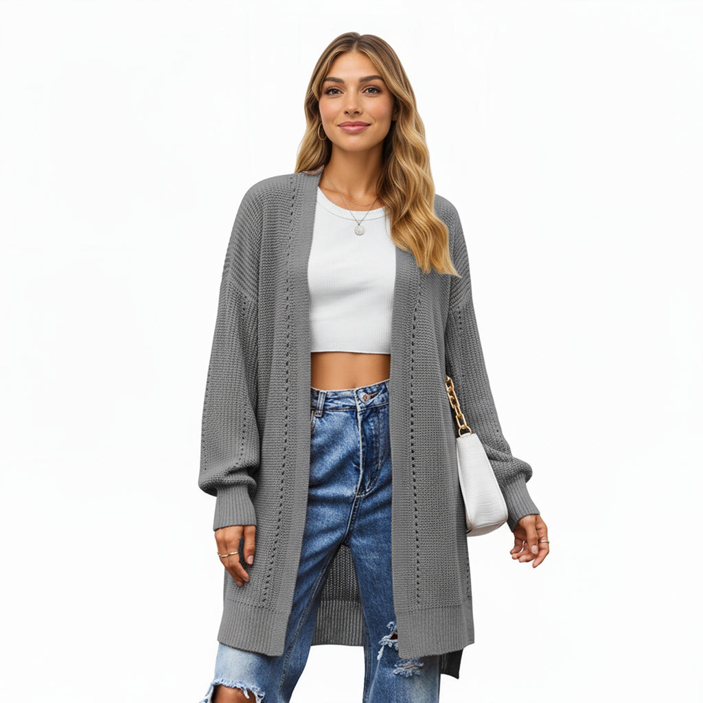 Anna-Kaci Women's Long Sleeve Open Front Knit Cardigan with Relaxed Fit and Textured Detailing