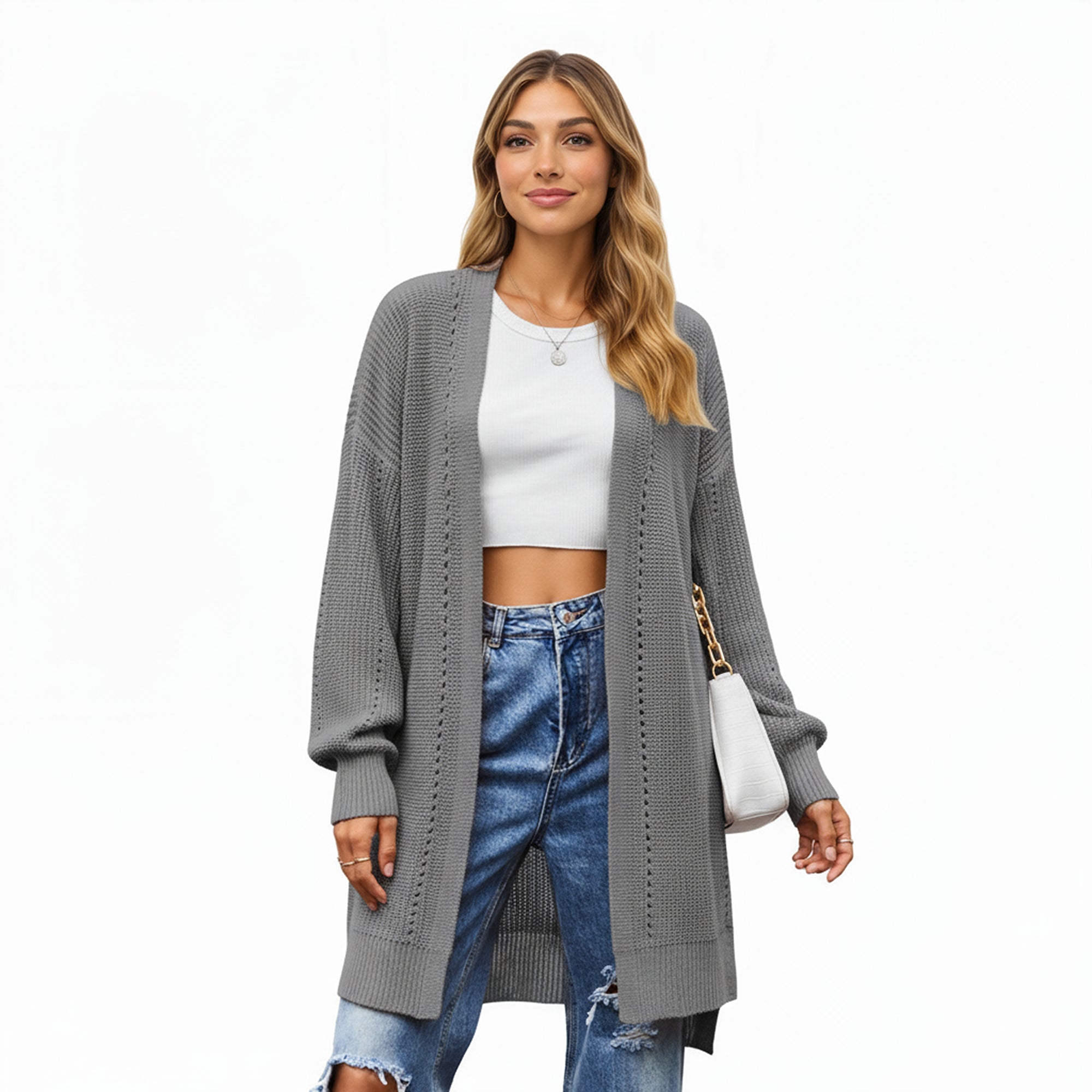 Anna-Kaci Women's Long Sleeve Open Front Knit Cardigan with Relaxed Fit and Textured Detailing