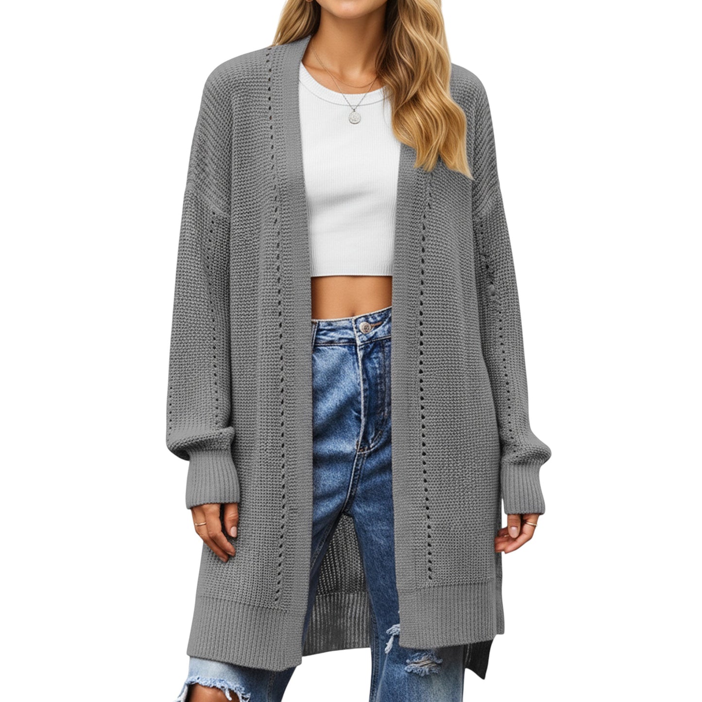 Anna-Kaci Women's Long Sleeve Open Front Knit Cardigan with Relaxed Fit and Textured Detailing