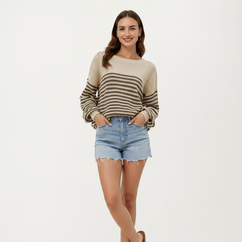 Anna-Kaci Women's Long Sleeve Striped Knit Pullover Sweater with Relaxed Fit and Ribbed Hem