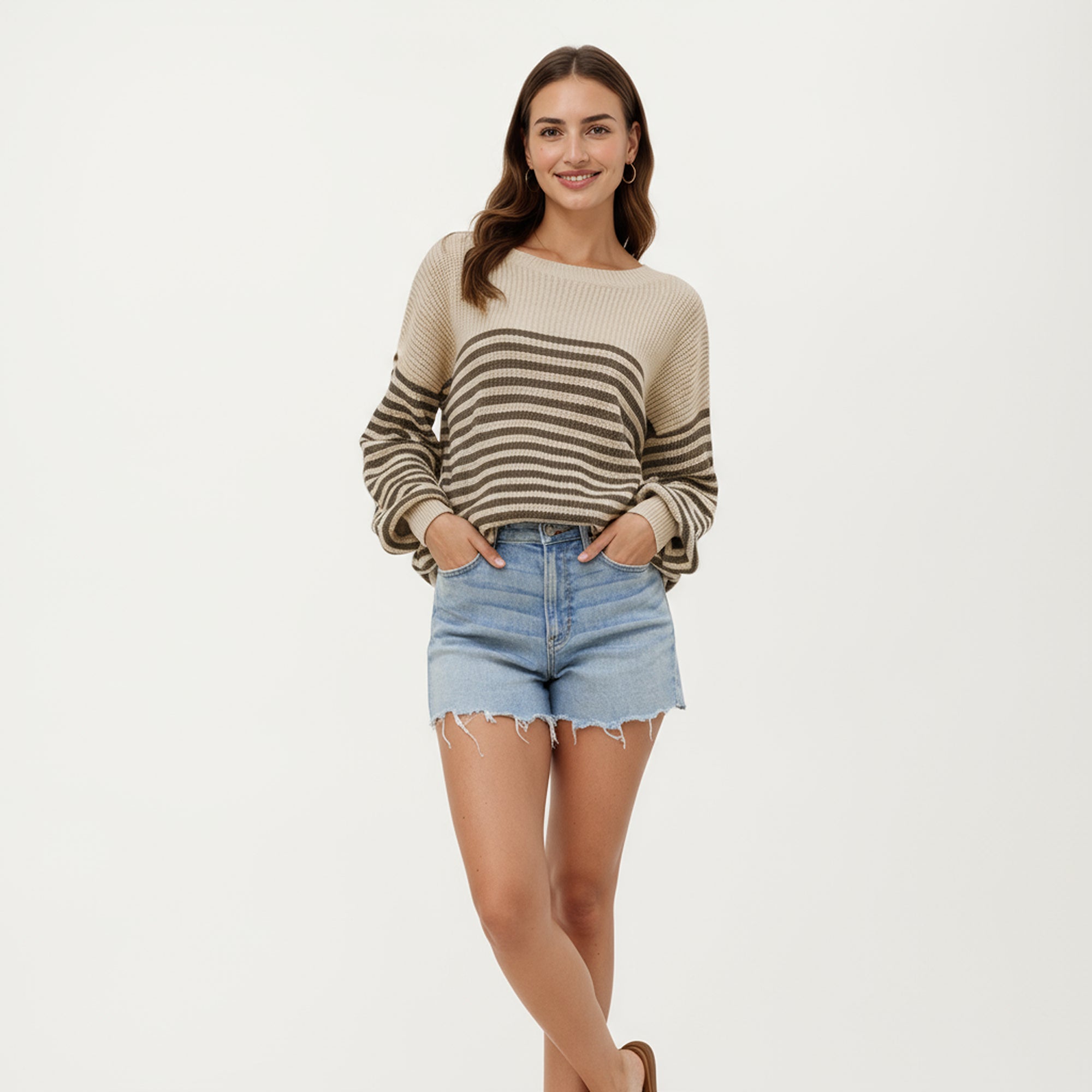 Anna-Kaci Women's Long Sleeve Striped Knit Pullover Sweater with Relaxed Fit and Ribbed Hem