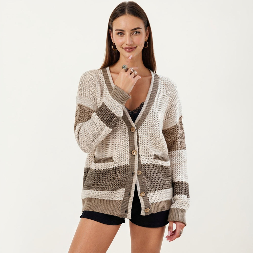 Anna-Kaci Women's Long Sleeve Button Front Striped Knit Cardigan with Pockets and Relaxed Fit
