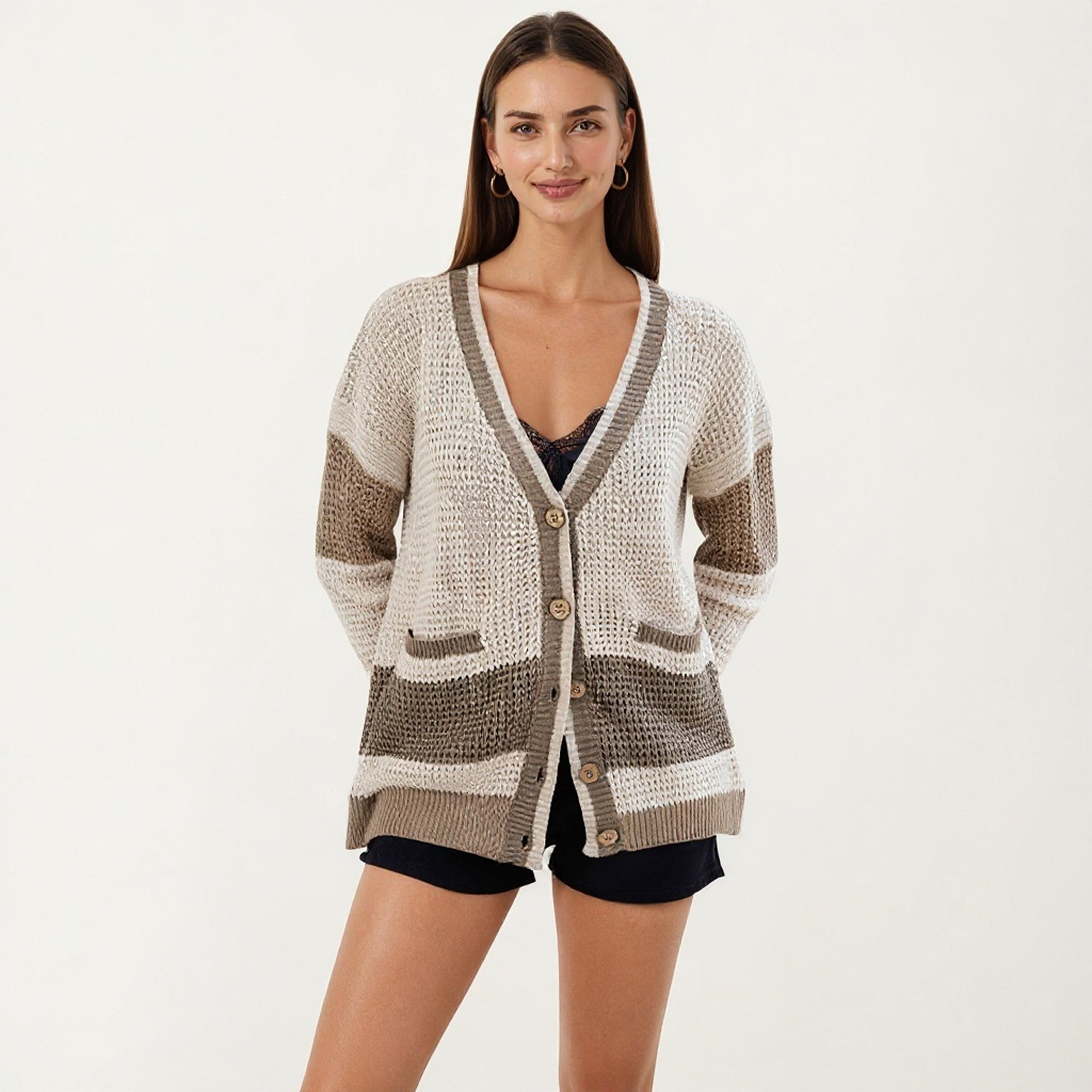 Anna-Kaci Women's Long Sleeve Button Front Striped Knit Cardigan with Pockets and Relaxed Fit