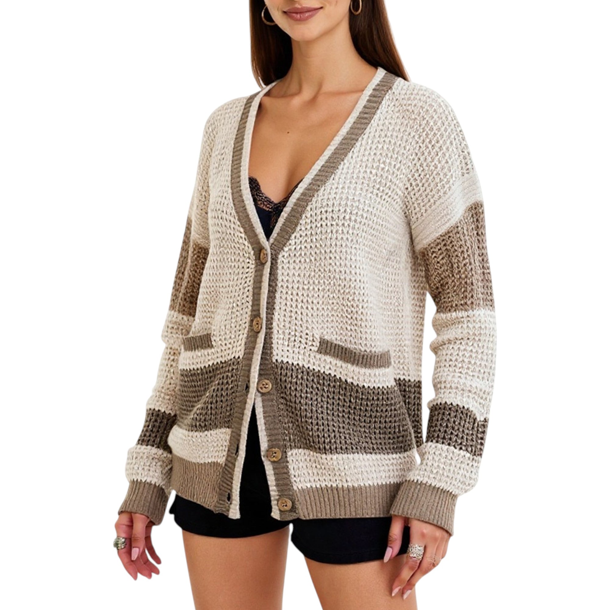 Anna-Kaci Women's Long Sleeve Button Front Striped Knit Cardigan with Pockets and Relaxed Fit