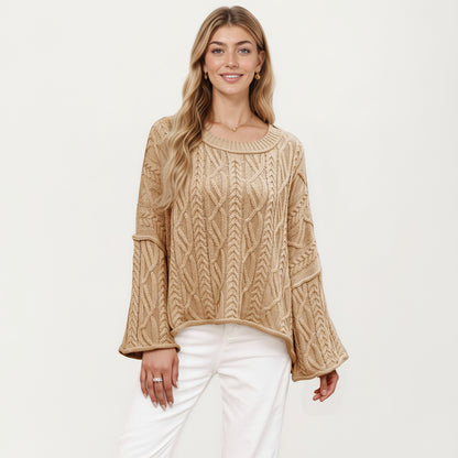 Anna-Kaci Women's Long Sleeve Cable Knit Pullover Sweater with Relaxed Fit and Wide Cuff Sleeves
