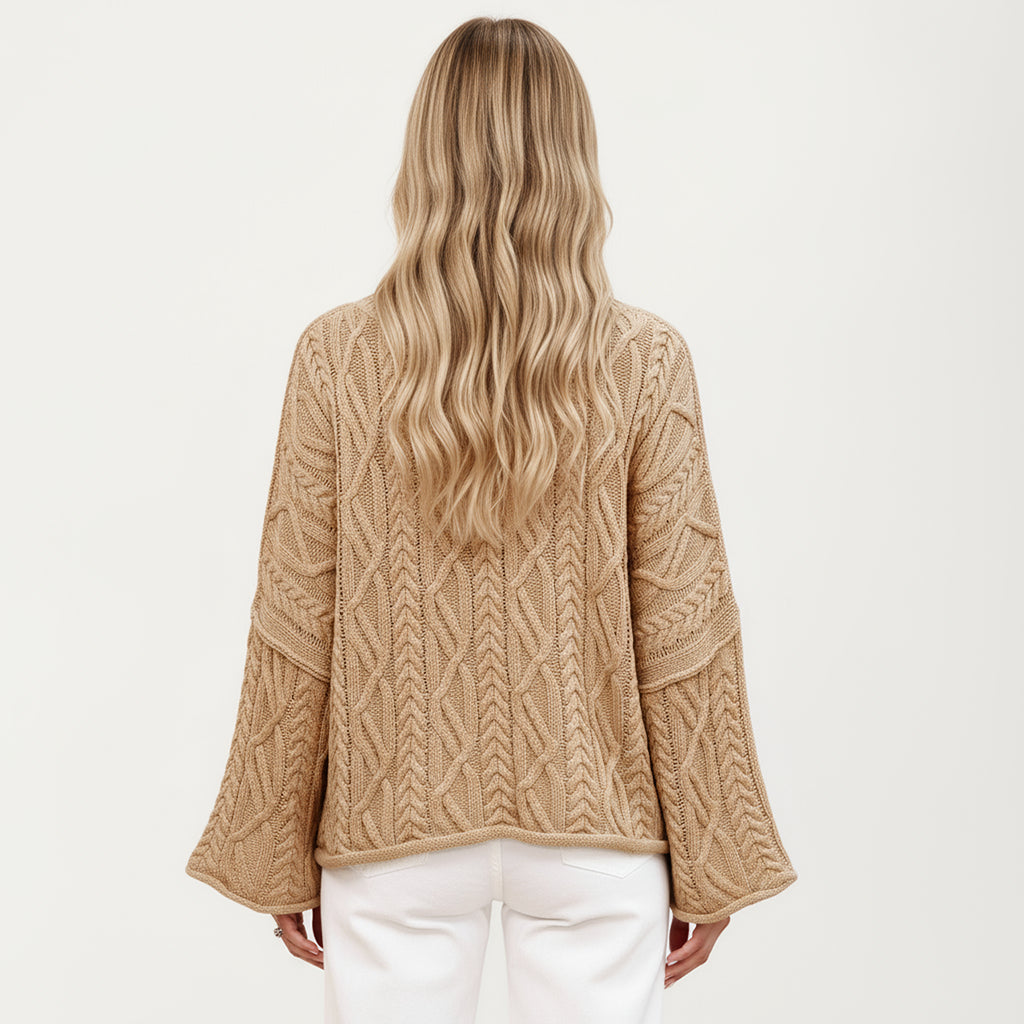 Anna-Kaci Women's Long Sleeve Cable Knit Pullover Sweater with Relaxed Fit and Wide Cuff Sleeves