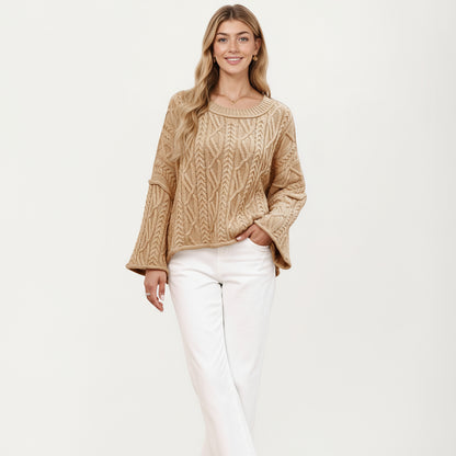 Anna-Kaci Women's Long Sleeve Cable Knit Pullover Sweater with Relaxed Fit and Wide Cuff Sleeves